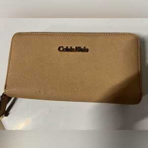 Calvin Klein Beige Zip-Around Leather Wallet with Gold Logo
